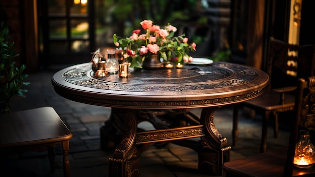 Antique wood table adorned with shiny copper pottery rustic