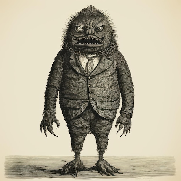 Photo antique woodcut engraving of terrible monster in a suit