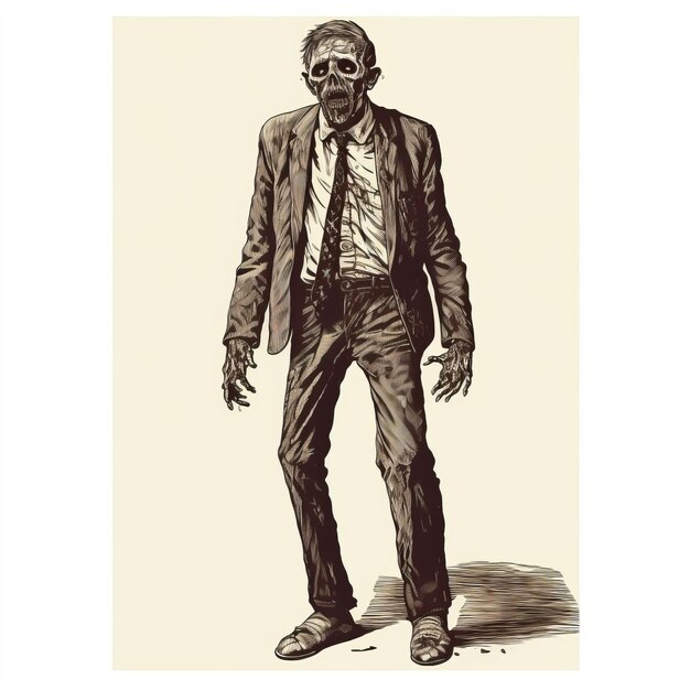 Antique Woodcut Engraving Of Zombie In Suit On White Background