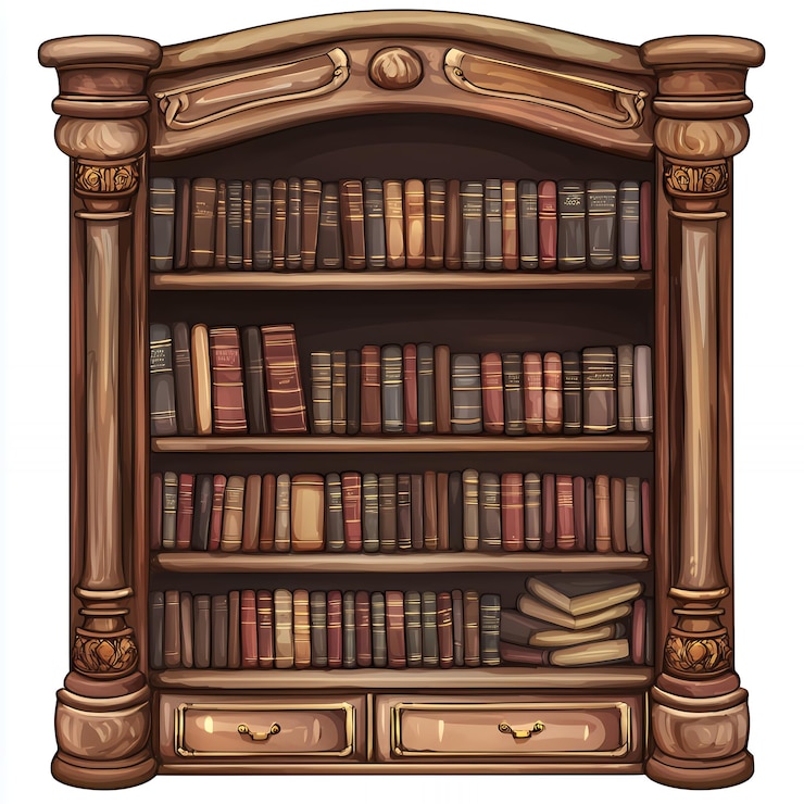 Photo antique wooden bookcase with books and drawers