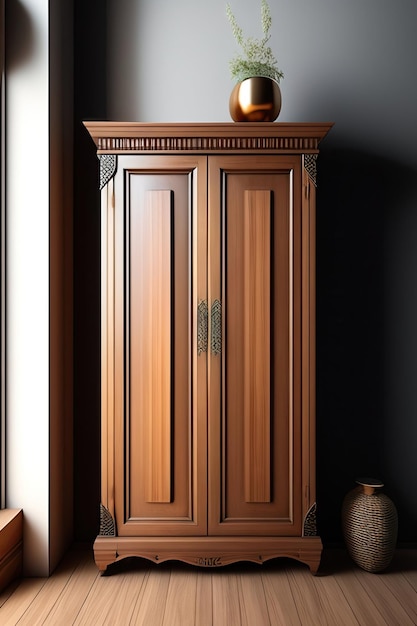 Antique wooden cabinet with rattan door and clay vase in sunlight shadow on clean blank polished