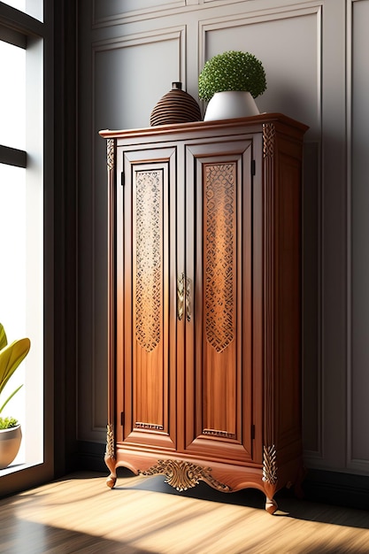 Antique wooden cabinet with rattan door and clay vase in sunlight shadow on clean blank polished