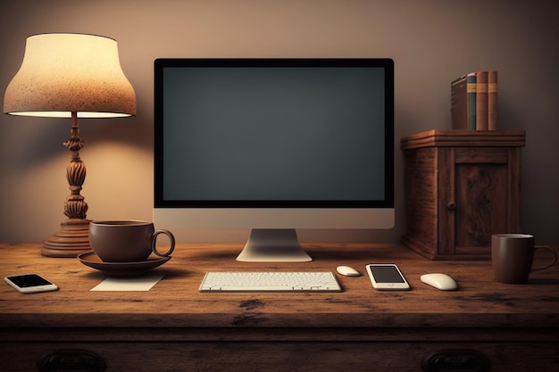 Antique wooden desk with blank computer and laptop screens table lamp coffee cup and other items Workpace and office workspace concept Mock up