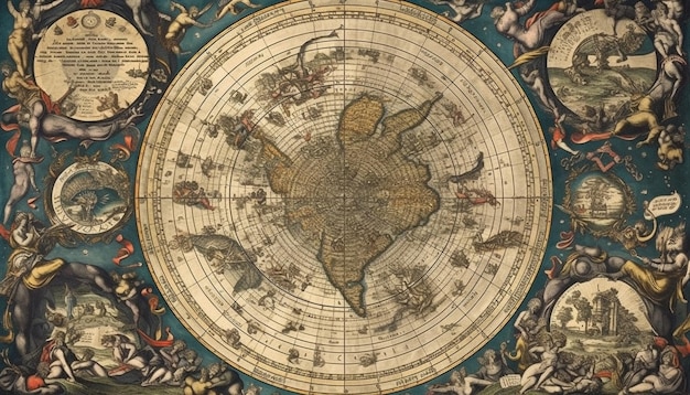 Antique world map illustrates ancient cultures religions and physical geography generated by artificial intelligence