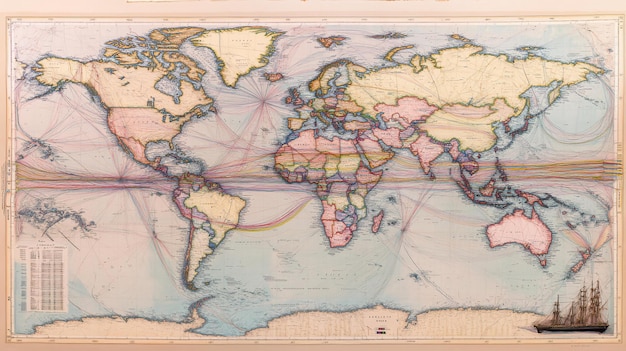 Antique world map showing trade routes and continents