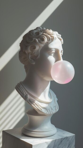 Antiquelike female white statue head blows pink bubble gum Contemporary art Generative AI