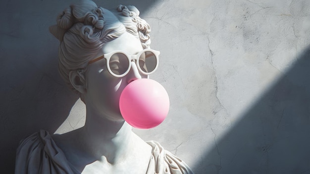 Photo antiquelike female white statue head wears sunglasses and blows pink bubble gum generative ai