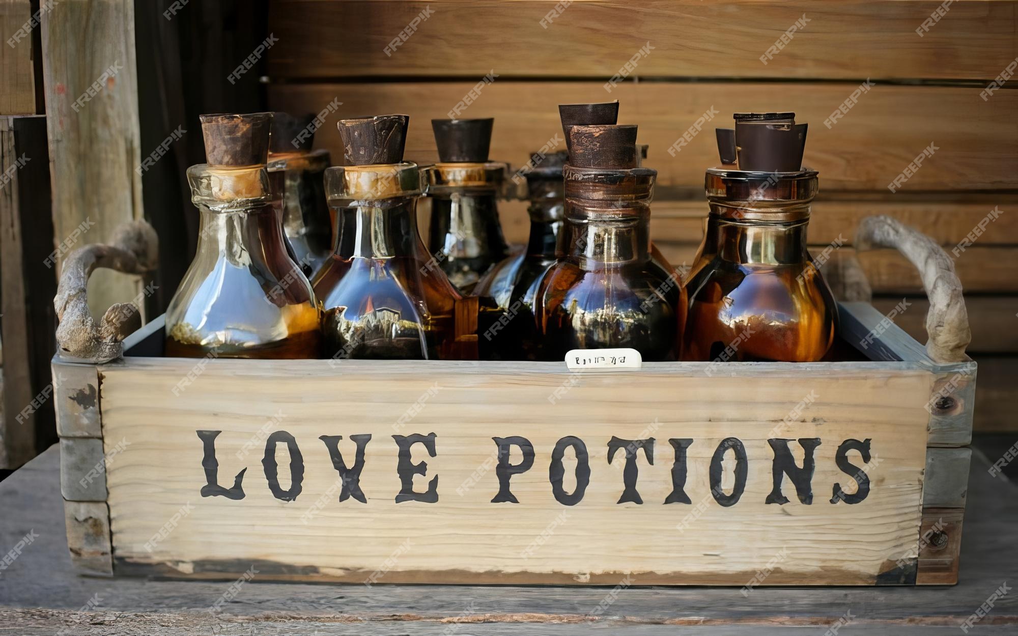 Premium Photo Antiquelooking bottles labeled as love potions are