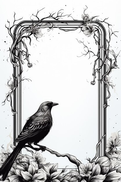 Photo antiquestyle calligraphic ornament with raven birds forming copy space frame in black and white