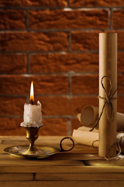 Antiquities on a background of a brick wall