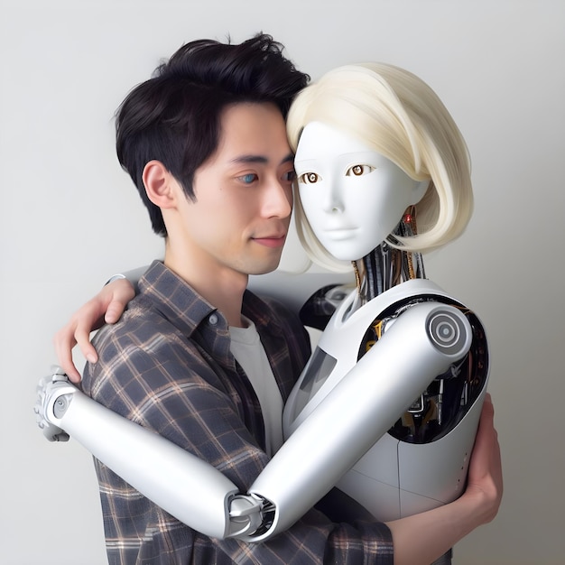 写真 反社会的な男性とロボットの女性が抱き合っている