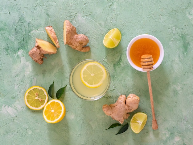 Antiviral drink with lemon, honey and ginger root, strengthening of immunity concept