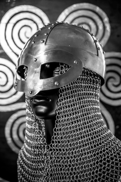 Antivirus or firewall concept viking warrior helmet with\
chainmail over silver shield