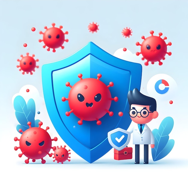 Antivirus Shield-concept als het blokkeren van virale bedreigingen met witte achtergrond en geïsoleerde leuke cartoons