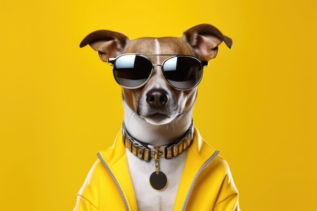 Antropomorf portret van succesvolle hond in zonnebril op gele achtergrond Hond die op de baas lijkt