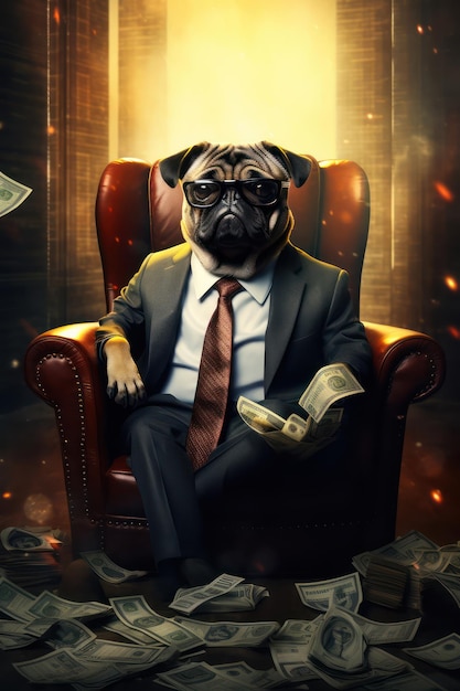 Foto antropomorfe hondenkarakter een pug zakenman in een zakenpak zit in een lederen fauteuil
