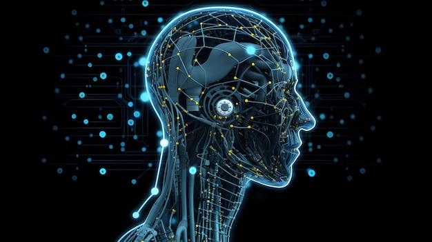 Antropomorfe humanoïde robot hoofd portret op donkere achtergrond in blauwe tonen neurale netwerk gegenereerde kunst