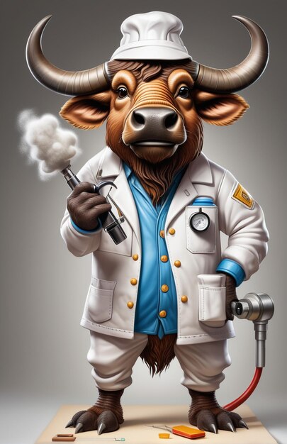 antropomorfe karikatuur buffel die een chemie kleding met chemische gereedschappen draagt