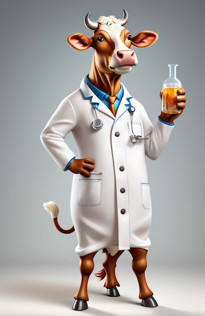 Foto antropomorfe karikatuur koe die een chemie kleding met chemische gereedschappen draagt