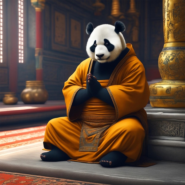 Antropomorfe panda in volle lengte gekleed als een monniks kruis in gebed