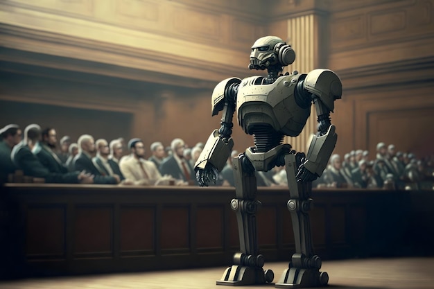 Foto antropomorfe robot die zich in het neurale netwerk van de menselijke rechtbank bevindt, gegenereerd art ai law-concept