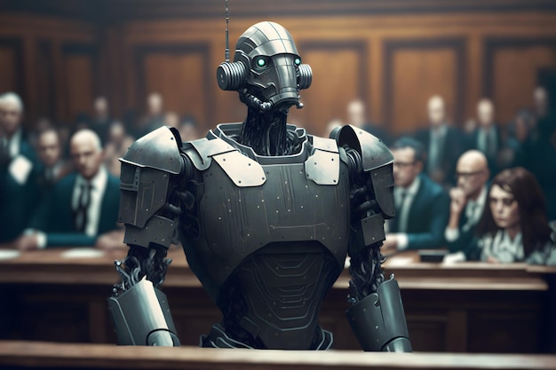 Antropomorfe robot in het neurale netwerk van de menselijke rechtbank gegenereerde kunst ai wet concept