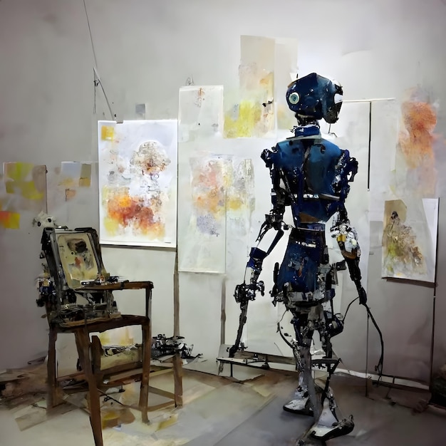 Antropomorfe robotkunstenaar in de studio naast de schildersezel en schildert terwijl hij aan het neurale netwerk werkt en kunst heeft gegenereerd