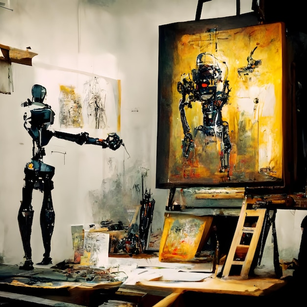 Antropomorfe robotkunstenaar in de studio naast de schildersezel en schildert terwijl hij aan het neurale netwerk werkt en kunst heeft gegenereerd