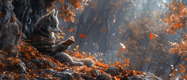 Antropomorfe wolven lezen in het herfstbos