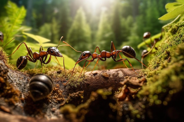 ants are walking on a log, the word ants.