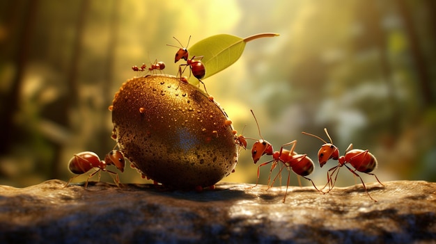 Ants carrying a big acorn made of gold kids story