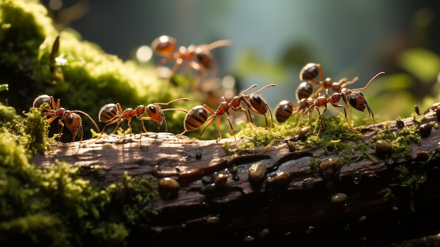 Ants diligently traversing a tree branch