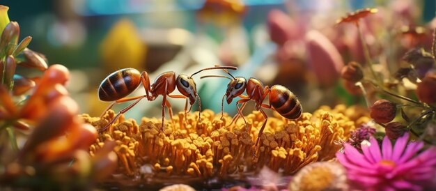 Ants finding food over colorful flowers Generative AI