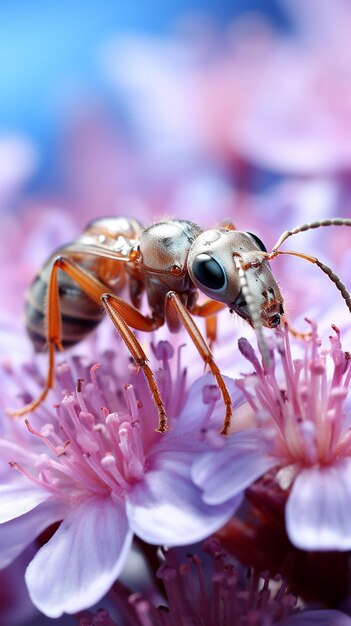 Ants on flowers macro photo with shallow depth of field