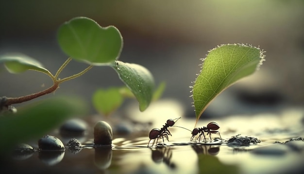 Ants on green leaf Close up of the ant on the green leaf in Forrest