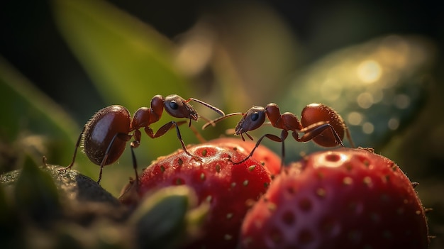 Ants on a strawberry, one of which is red and the other is red.