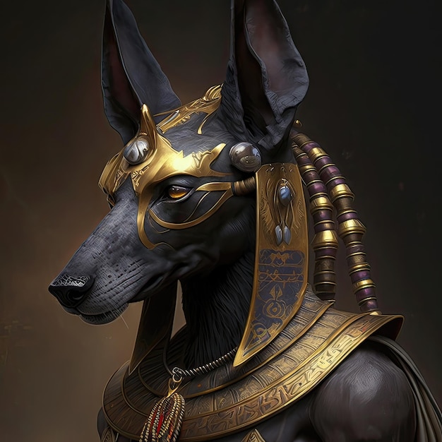 Anubis ancient Egypt mummification afterlife deity jackal head powerful form symbolize transition life death image tombs funerary art mythology religion AI