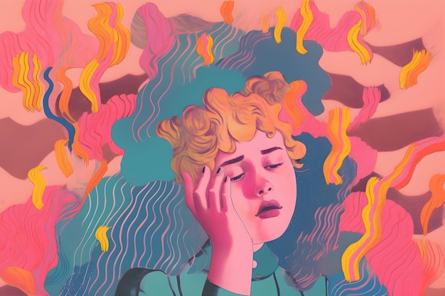 Foto burnout di ansia crollo mentale e burnout personale testa di donna che esplode sotto la pressione dell'ansia