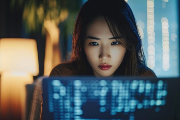 Anxious Asian woman faces ransomware attack on laptop