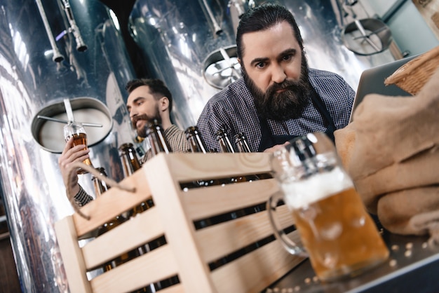 Anxious Brewer Inspecting Beer in Mug at Factory