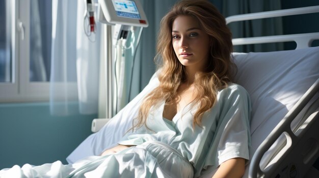 Photo anxious female patient in hospital bed