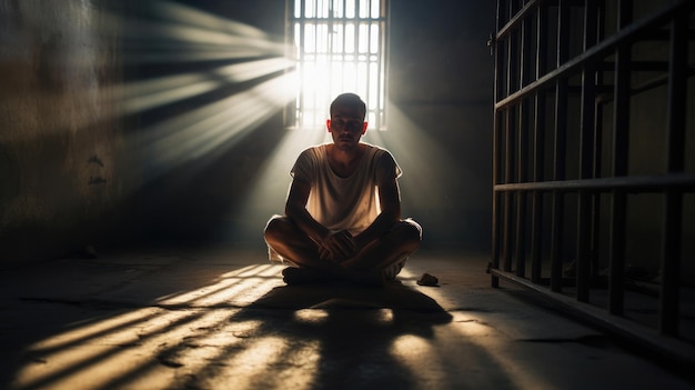 An anxious male prisoner sits on his knees in a cell beamed with sunlight through the barred window