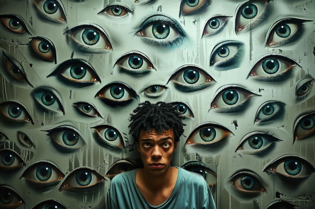 Anxious man feels observed by numerous eyes in a conceptual portrayal of paranoia