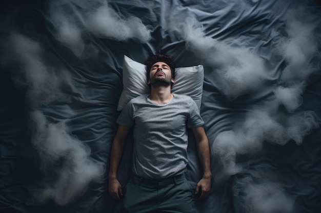 Photo anxious man suffering from insomnia on bed generate ai