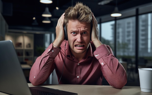 An anxious stressed man sitting at a desk in office and looking at the camera