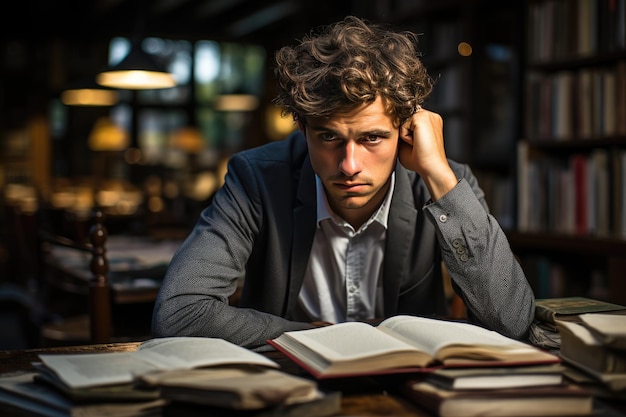 Anxious student awaits results in the midst of books and tension generative IA