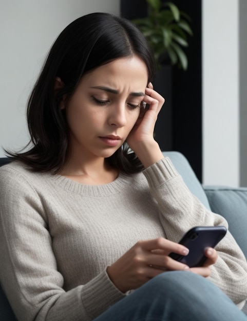 Photo anxious woman holding her cell phone