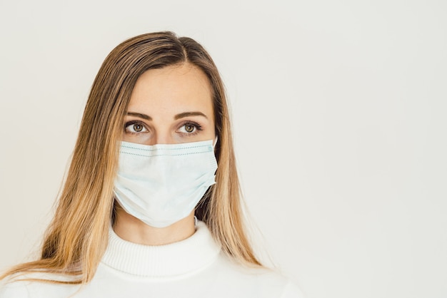 Anxious woman with face mask worried about the Covid-19 outbreak