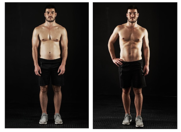 Anyone can achieve the body they desire Before and after shot of a young mans fitness progress isolated on black