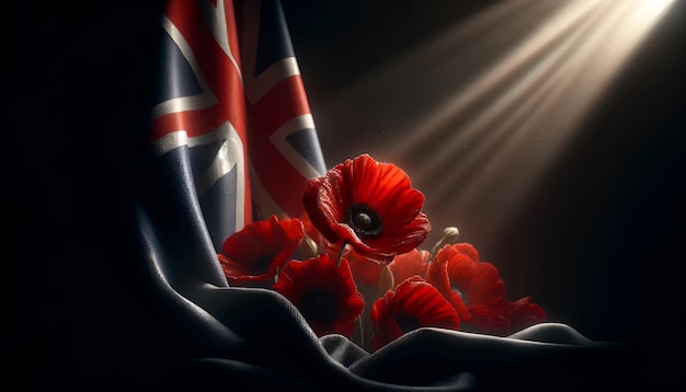 Photo anzac day background with australian flag and red poppy flowers